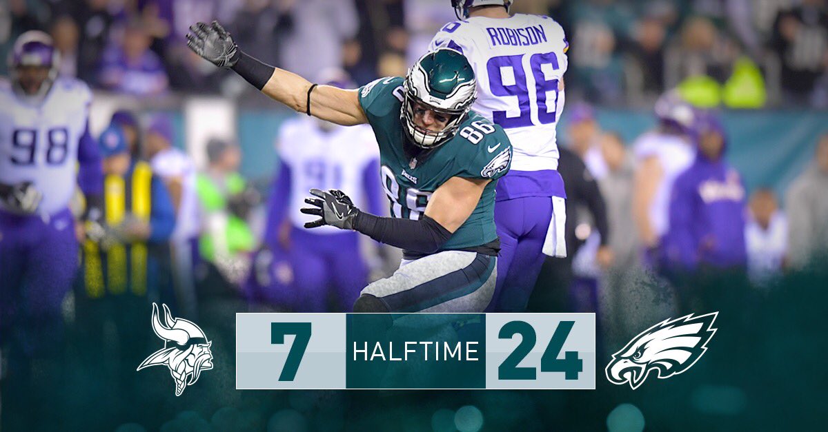Eagles are up 7 - 24 over the Vikings at halftime