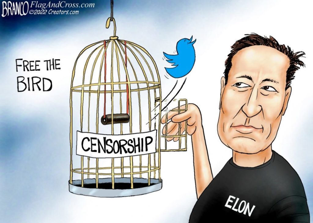 Free the Bird. Elon Musk opens a cage labeled "censorship" letting out a Twitter bird. 