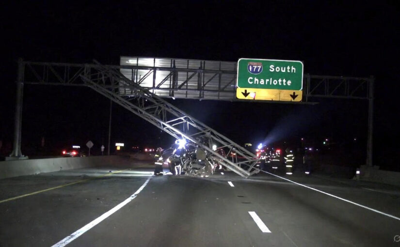 Overhead Highway Sign Collapses on I-77 near Charlotte, NC