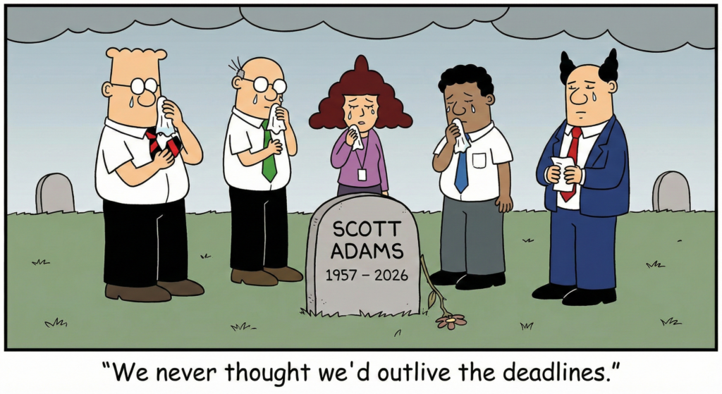 Dilbert and his office mates are standing around Scott Adams grave.
"We never thought we'd outlive the deadlines."