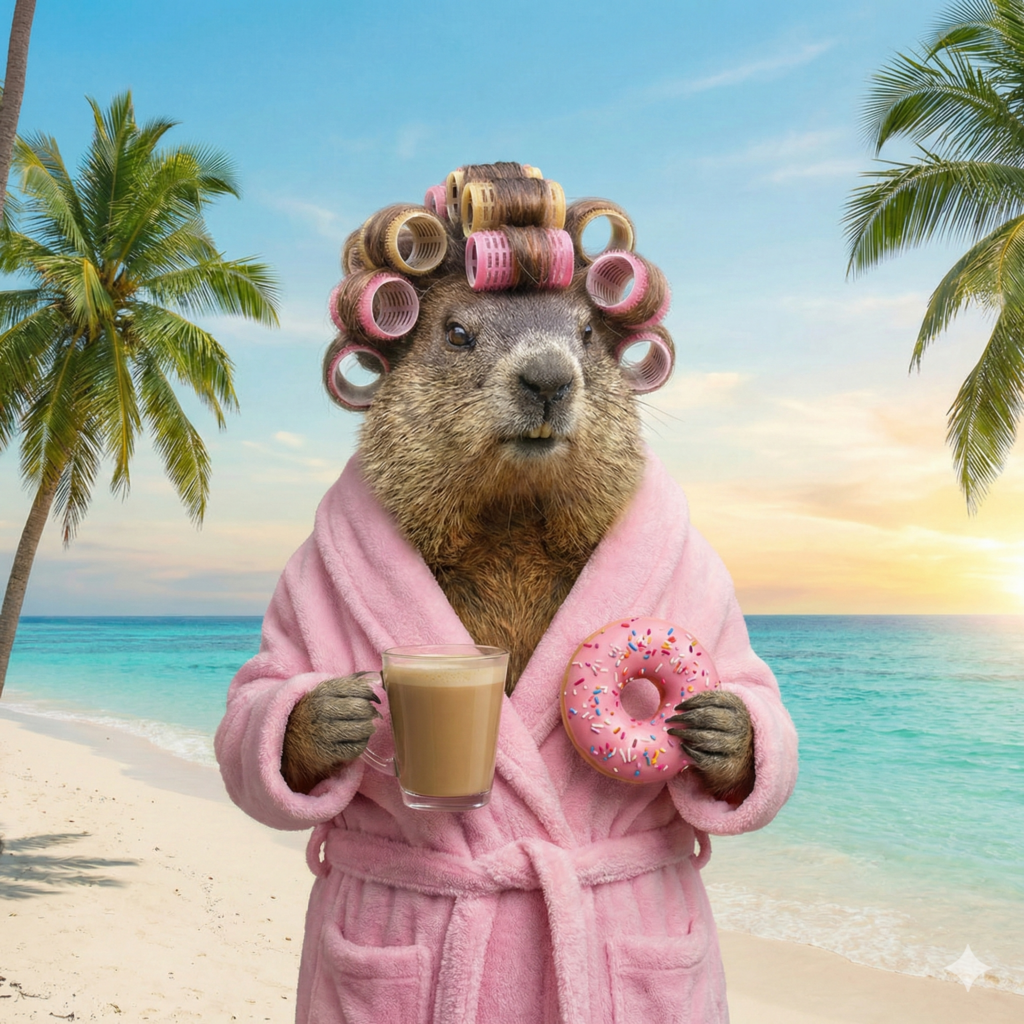 A female groundhog is standing on the beach wearing a pink robe. She has curlers in her hair, a coffee in one hand, and a pink frosted donut in the other