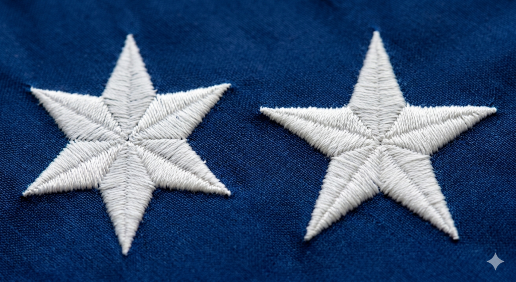 A picture showing the British (heraldic) 6-pointed star on the left and the American (practical) 5-pointed star on the right.